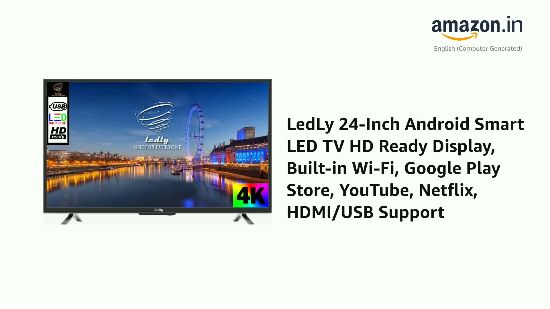 Watch LedLy 24-Inch Android Smart LED TV HD Ready Display, Built